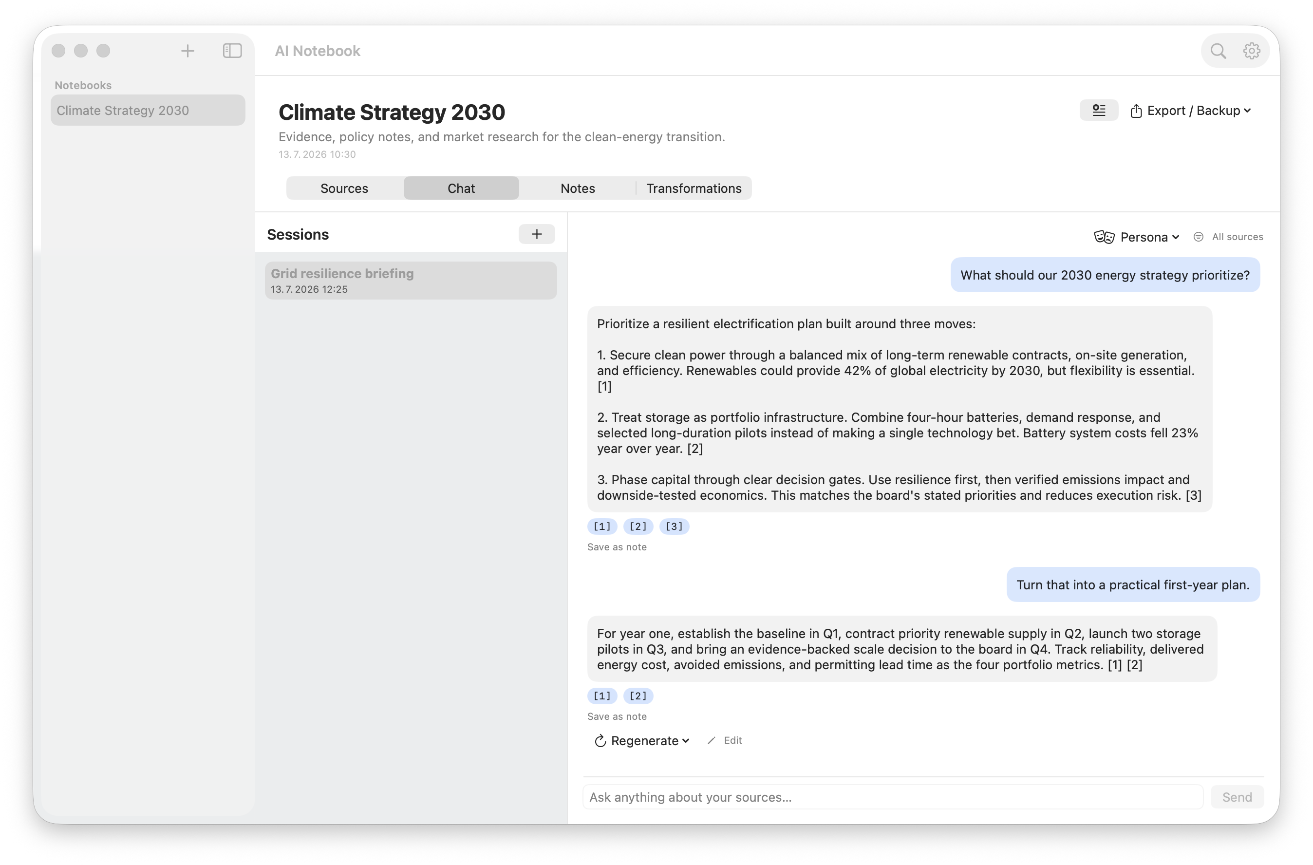 AI Notebook answering an energy strategy question with grounded citations