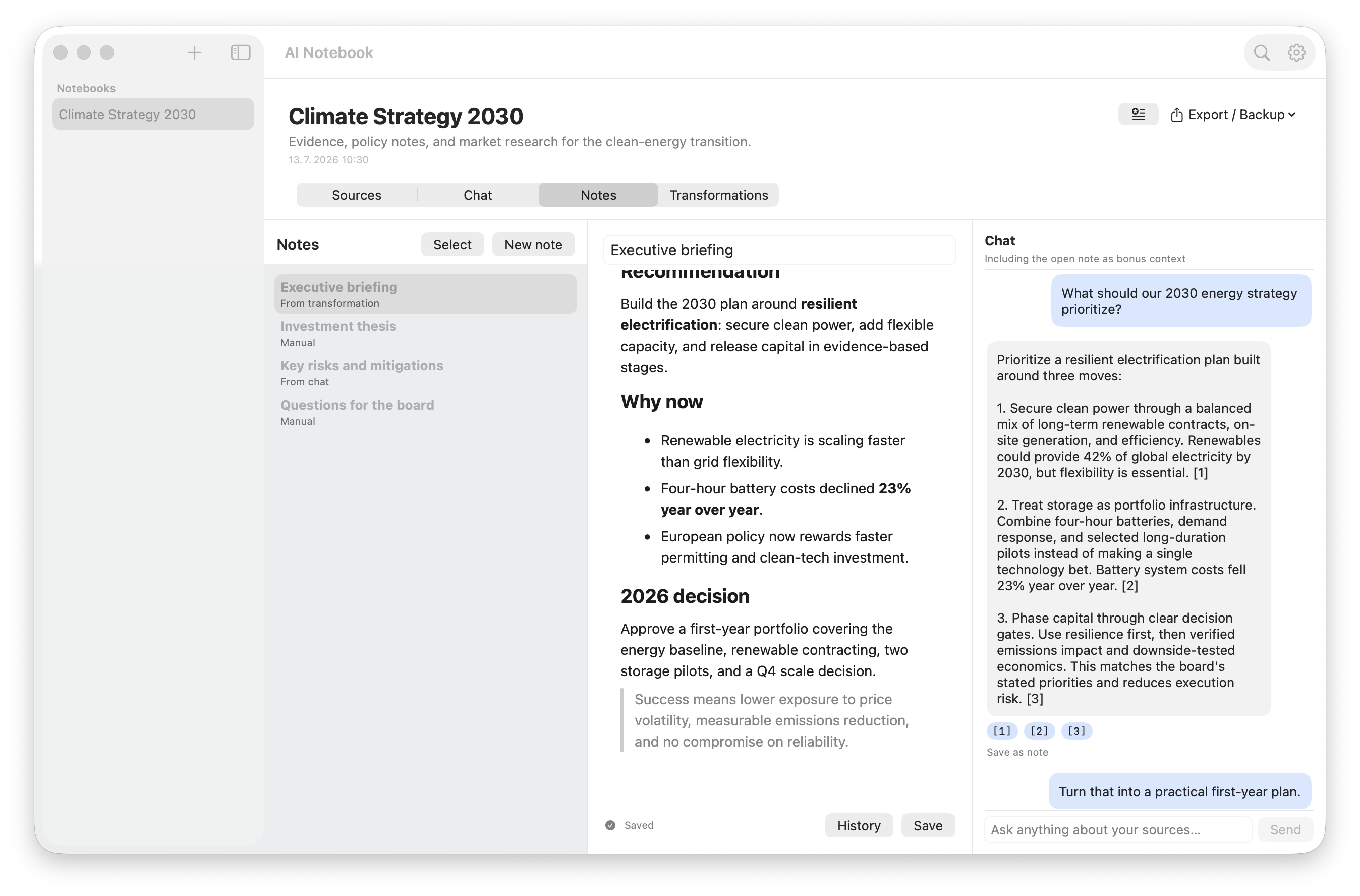 Rich notes editor with an English executive briefing and notebook chat
