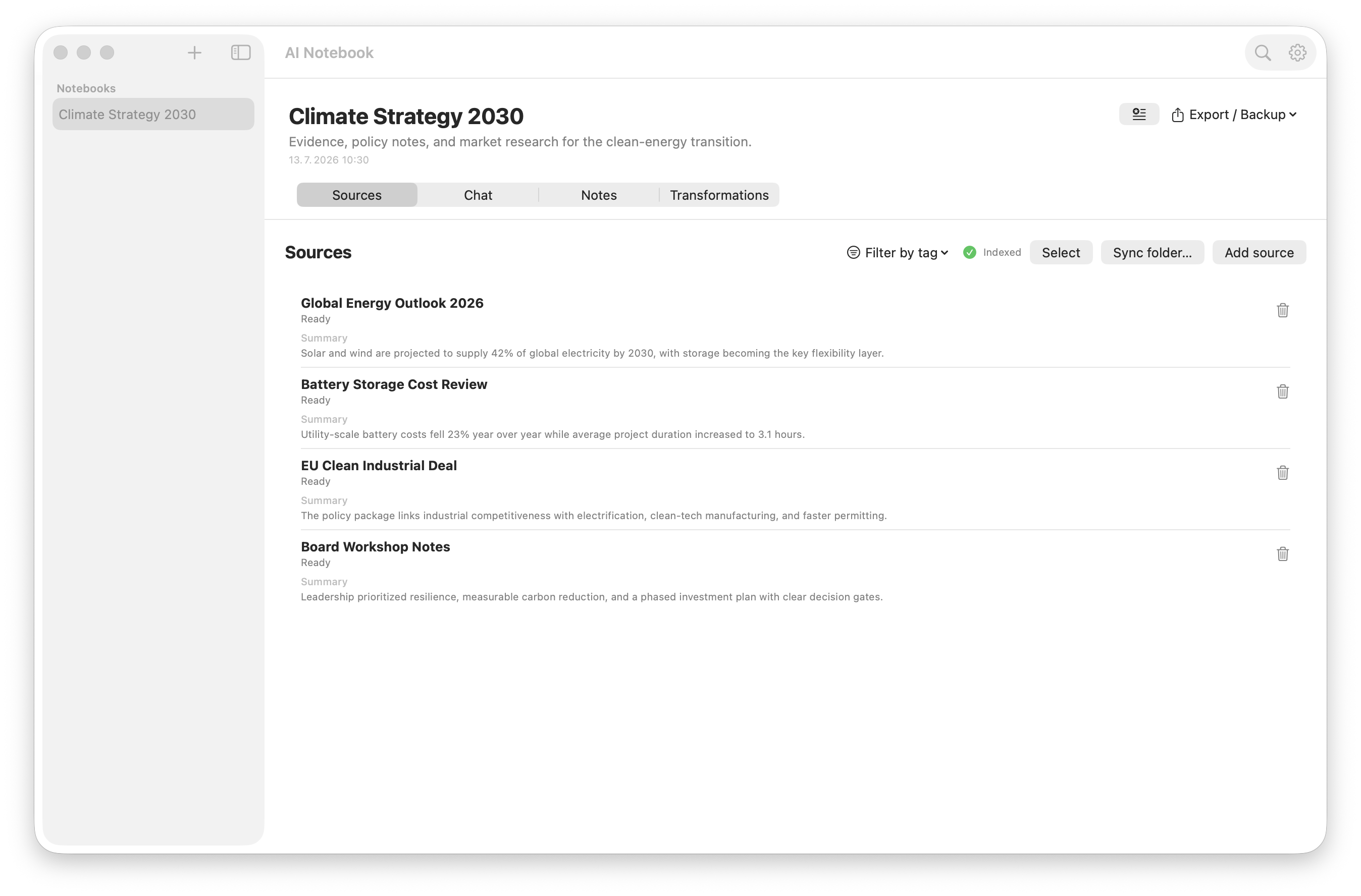 Source library with four indexed clean-energy research documents