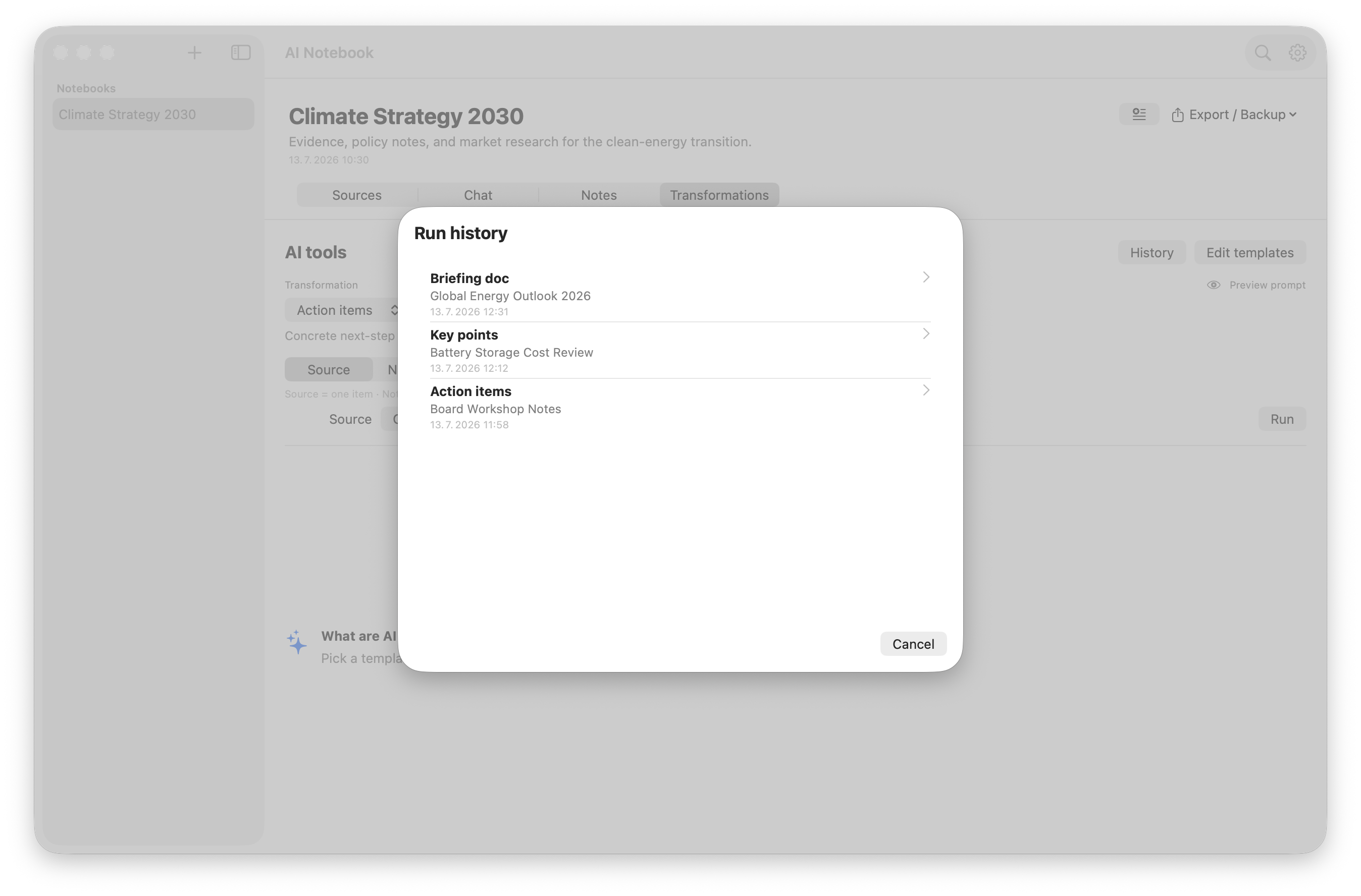 AI transformation run history populated with completed research outputs